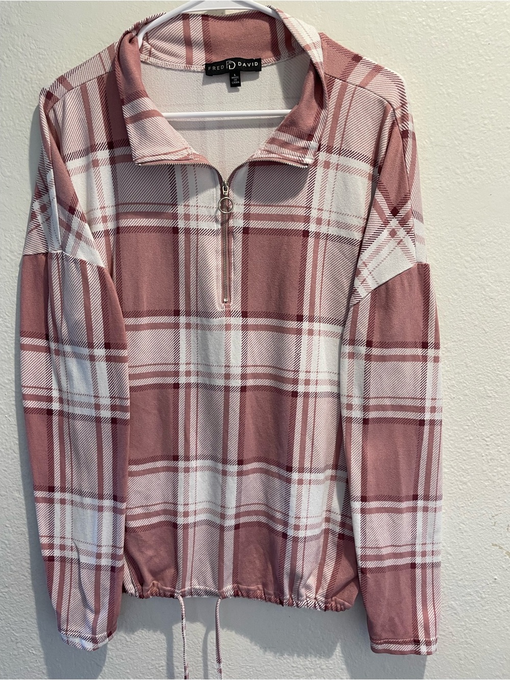 Fred David Mauve Pink Plaid Half Zip Pullover Sweatshirt Size Large Cozy